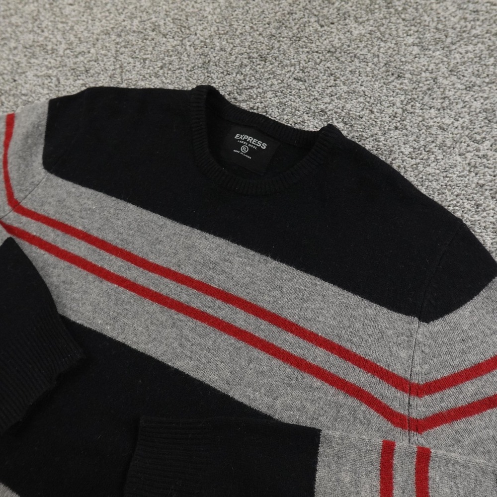Express Sweater Mens XL Black Gray Lambswool Stripe Crewneck Pullover Knit Cozy